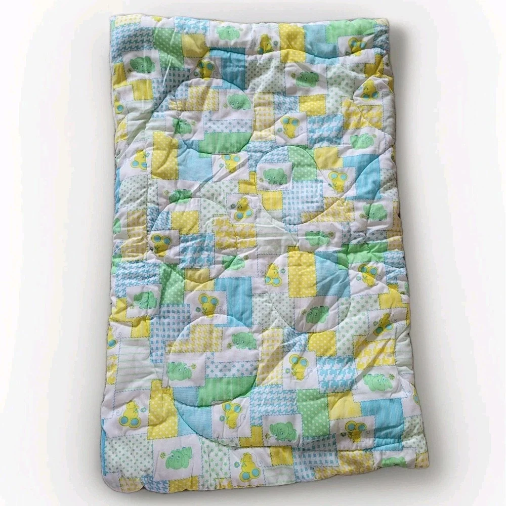 Vintage 1980 Curity Zip-A-Quilt Baby Sleeping Bag Elephant & Mouse Patchwork EUC